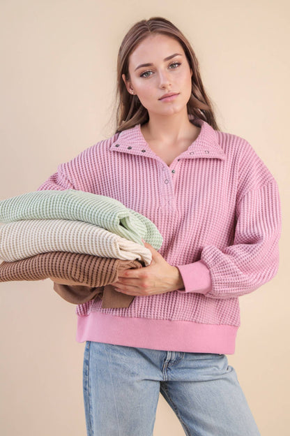 Oversized Half Button Down Casual Waffle Knit Top