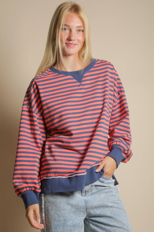 Stripe Comfy Casual Oversized Knit Top: CORAL/NAVY