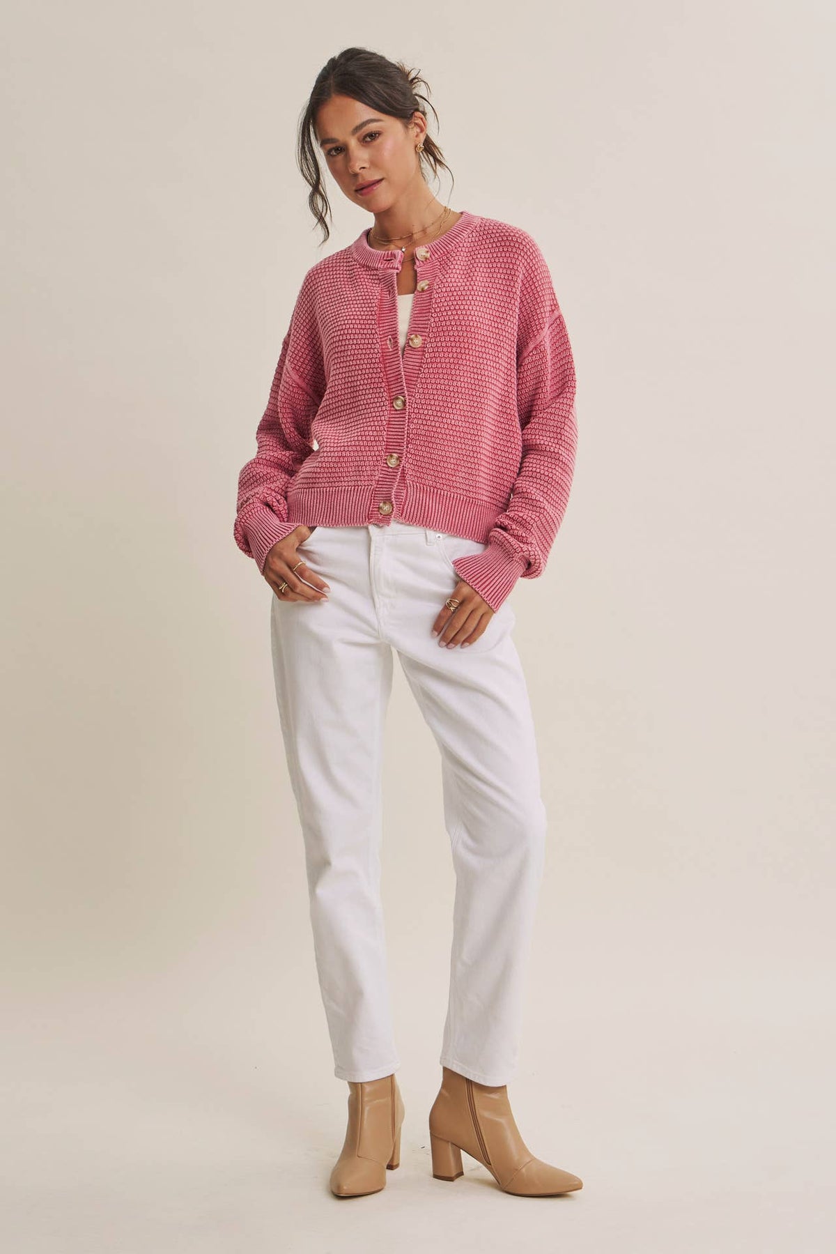 SEASONLESS MINERAL-WASHED COTTON WAFFLE BUTTON-DOWN CARDIGAN: PALE MAUVE