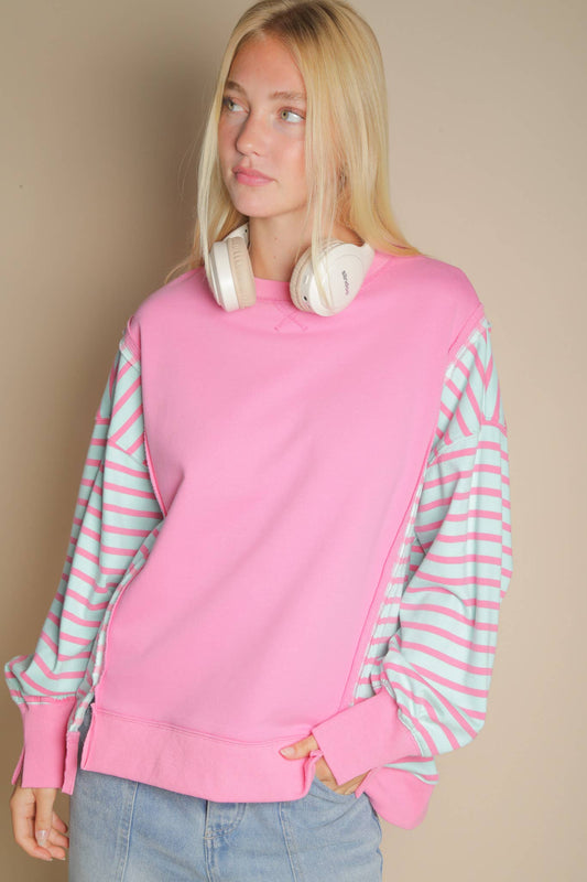 Oversized Striped Casual Knit Top: PINK