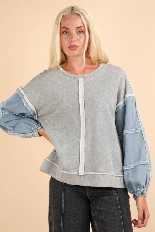 Acid Washed Oversized Denim Sleeve Casual Top