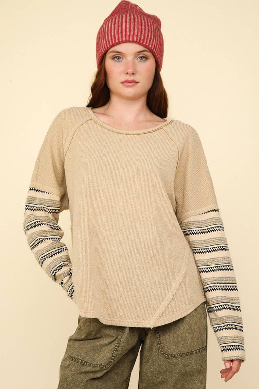 Contrast Striped Sleeve Detail Casual Knit Top