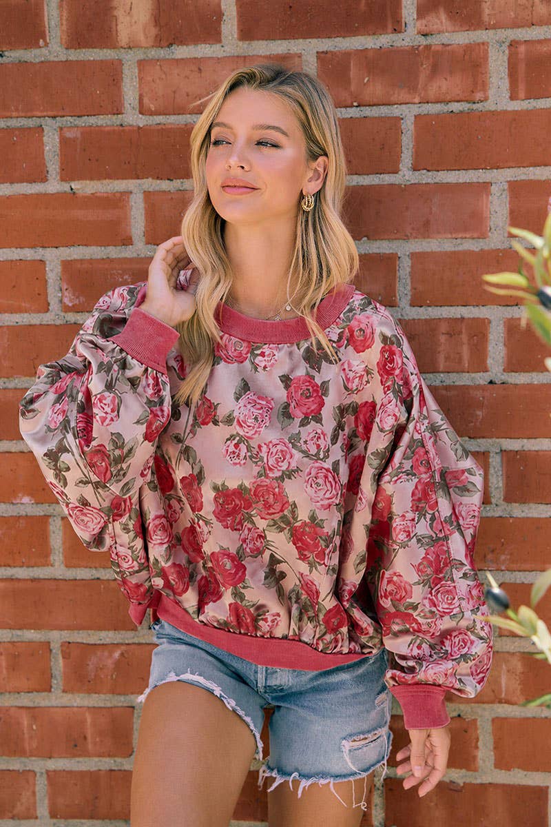 WOMENS ROSE FLORAL DOLMAN SLEEVE PULLOVER