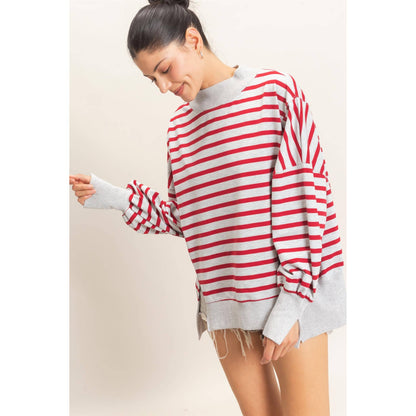 Striped Mock Neck Sweatshirt: H.GRAY/RED