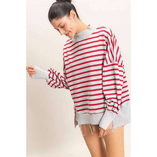 Striped Mock Neck Sweatshirt: H.GRAY/RED