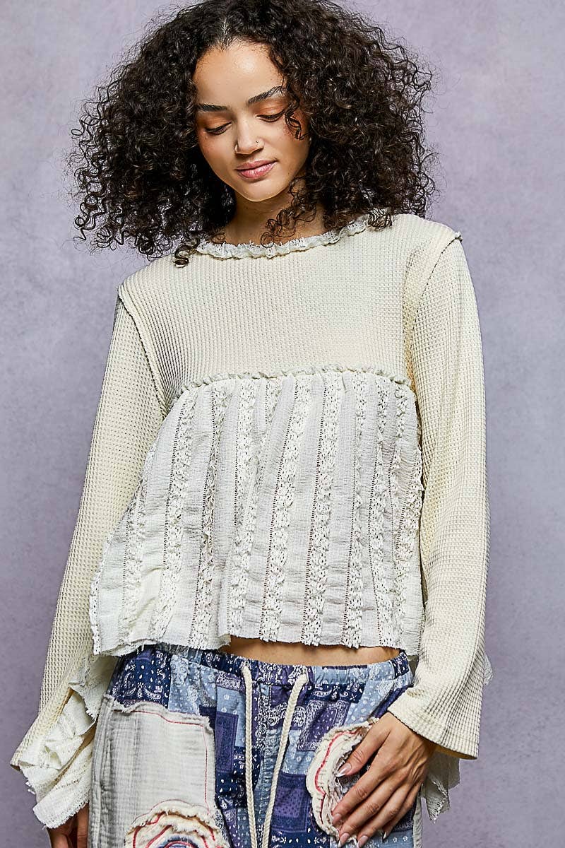 Pol Clothing - Round neck long sleeve with lace ruffle raw edge knit top