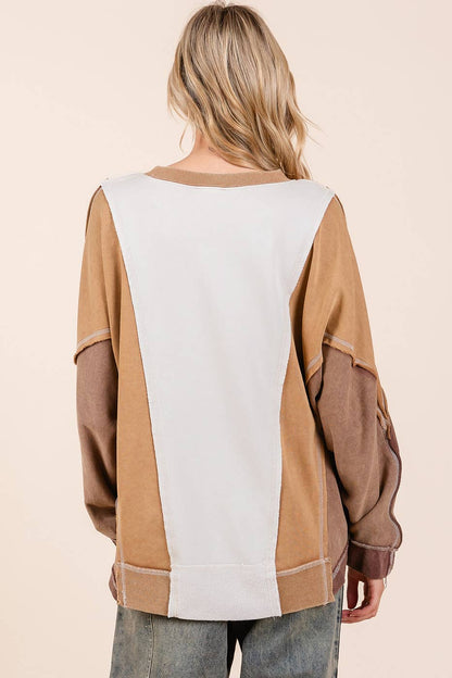 MINERAL WASH COLOR BLOCK DOLMAN SLEEVE PULLOVER