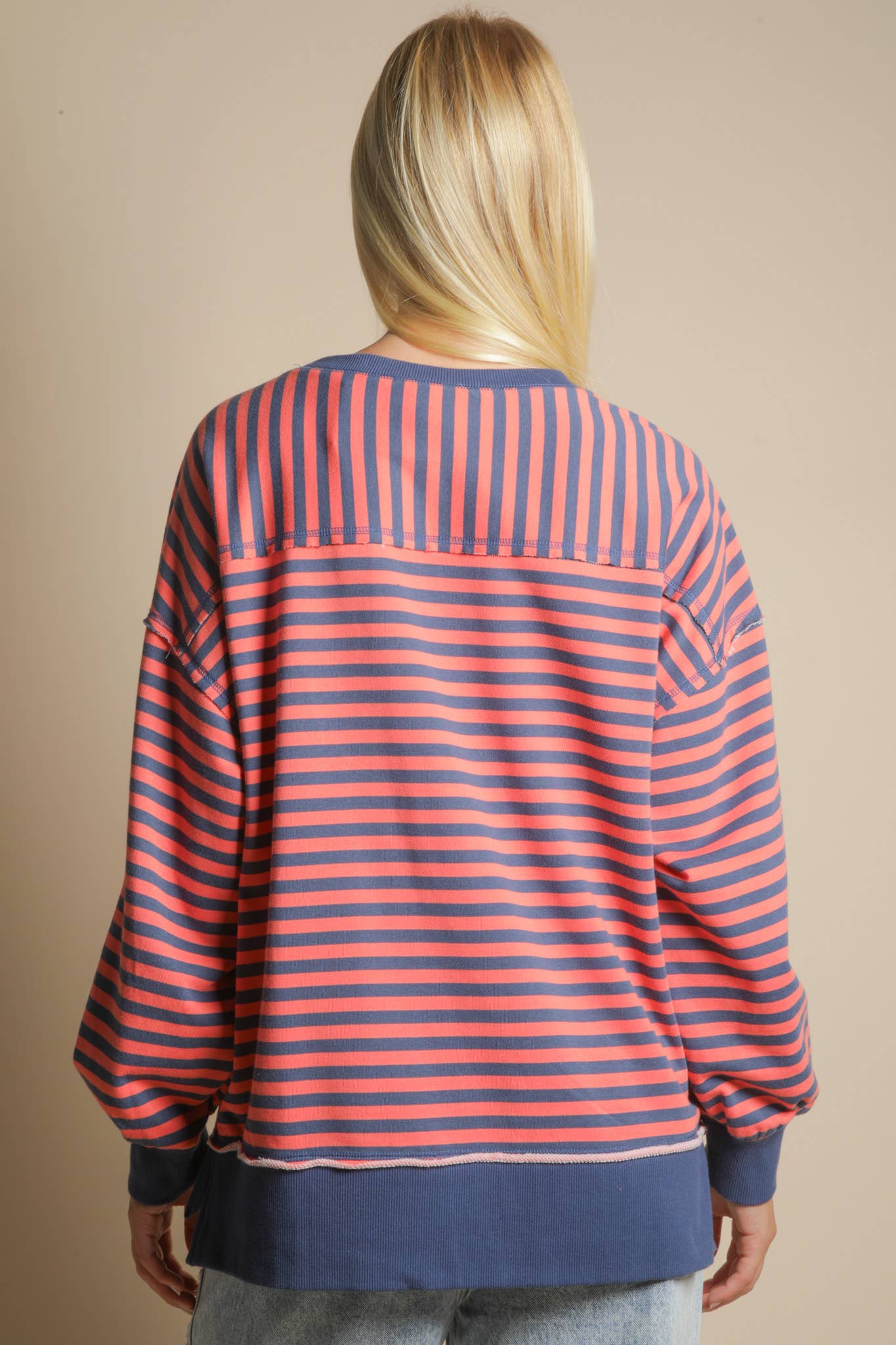 Stripe Comfy Casual Oversized Knit Top: CORAL/NAVY