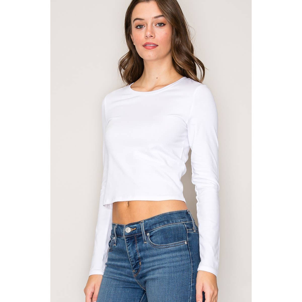 Crew Neck Long Sleeve Crop Top: White