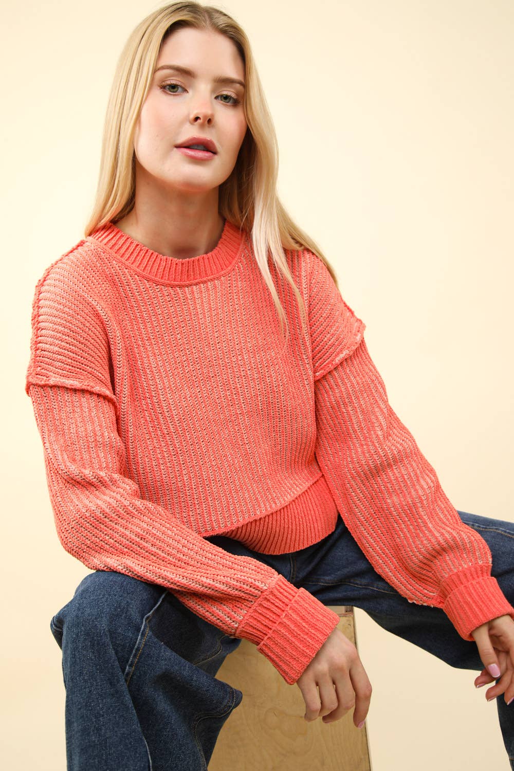 Two Tone Striped Casual Stripe Sweater-Orange