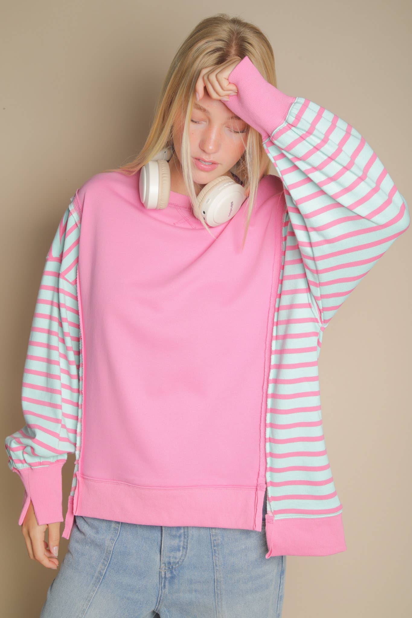 Oversized Striped Casual Knit Top: PINK