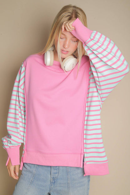 Oversized Striped Casual Knit Top: PINK
