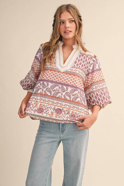 EXCLUSIVE PRINT BUBBLE SLEEVE V NECK