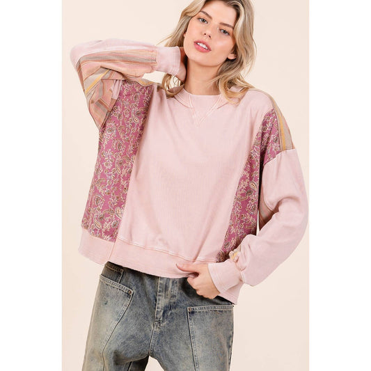 PATCHWORK PRINT MIX MINERAL WASH PULLOVER TOP