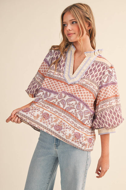 EXCLUSIVE PRINT BUBBLE SLEEVE V NECK