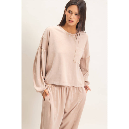 Mineral Wash Puff Long Sleeve Boxy Top: DARK TAUPE