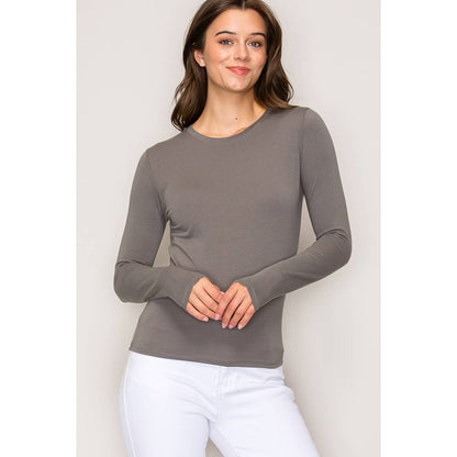 Popular 21 - Crew Neck Long Sleeve Cotton Span Knit Tee: Charcoal / S-M-L(2-2-2)