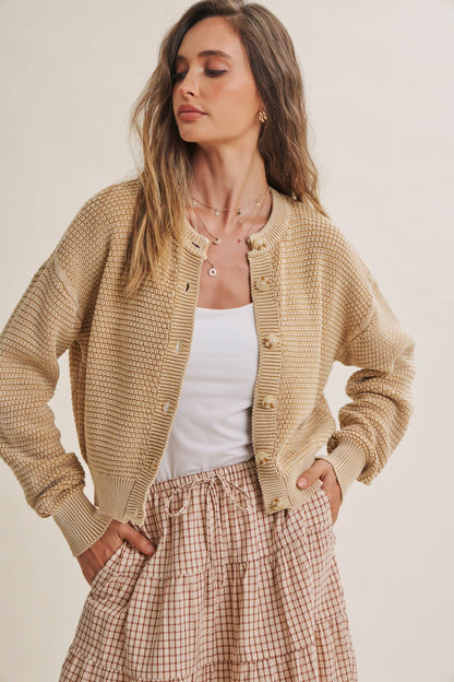SEASONLESS MINERAL-WASHED COTTON WAFFLE BUTTON-DOWN CARDIGAN: BEIGE