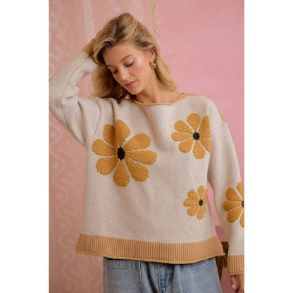 LATTE DAISY FLORAL RIBBED SWEATER