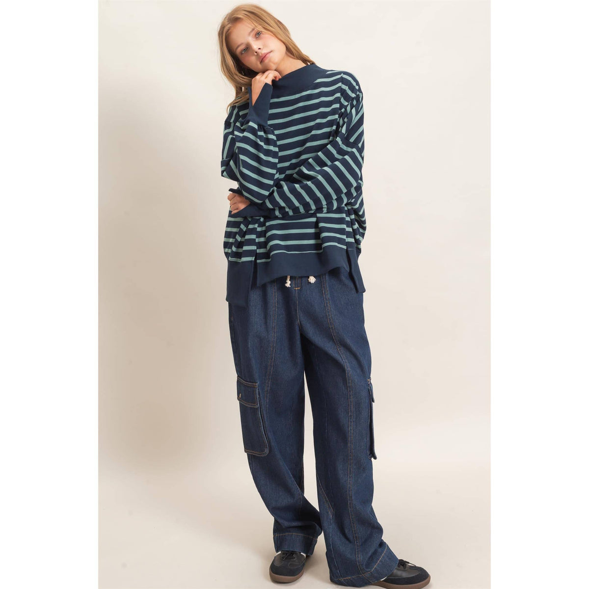 Striped Mock Neck Sweatshirt: NAVY/SAGE