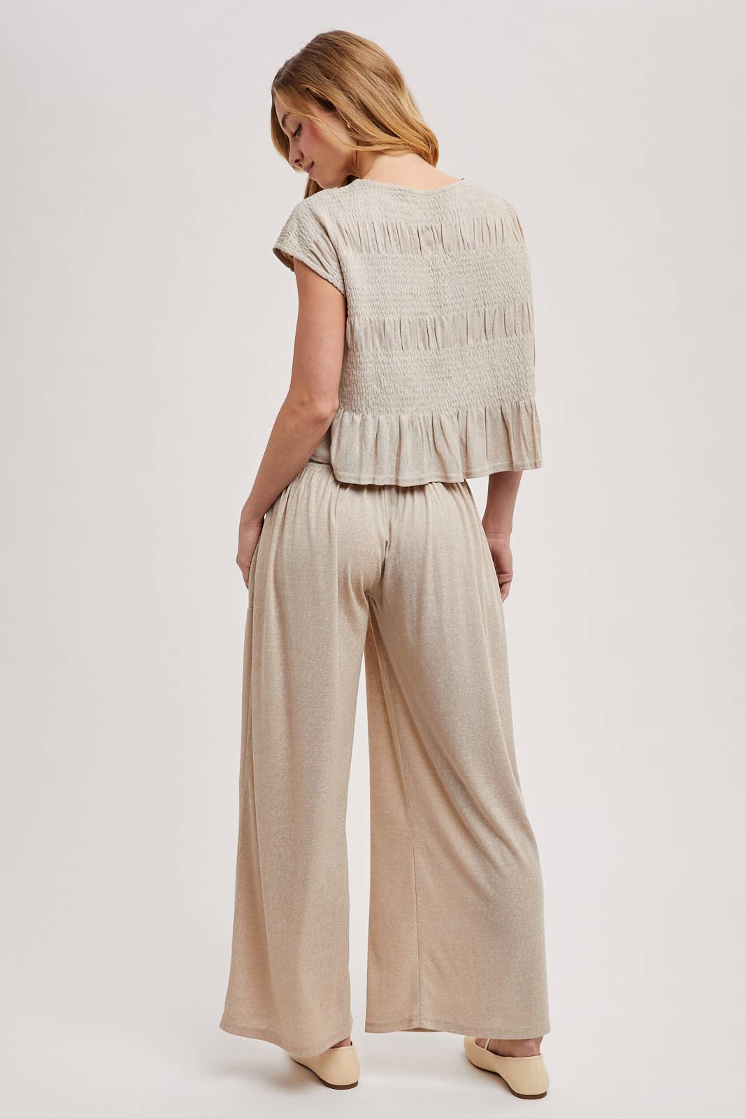 RELAXED KNIT SMOCKED TOP AND WIDE PANTS