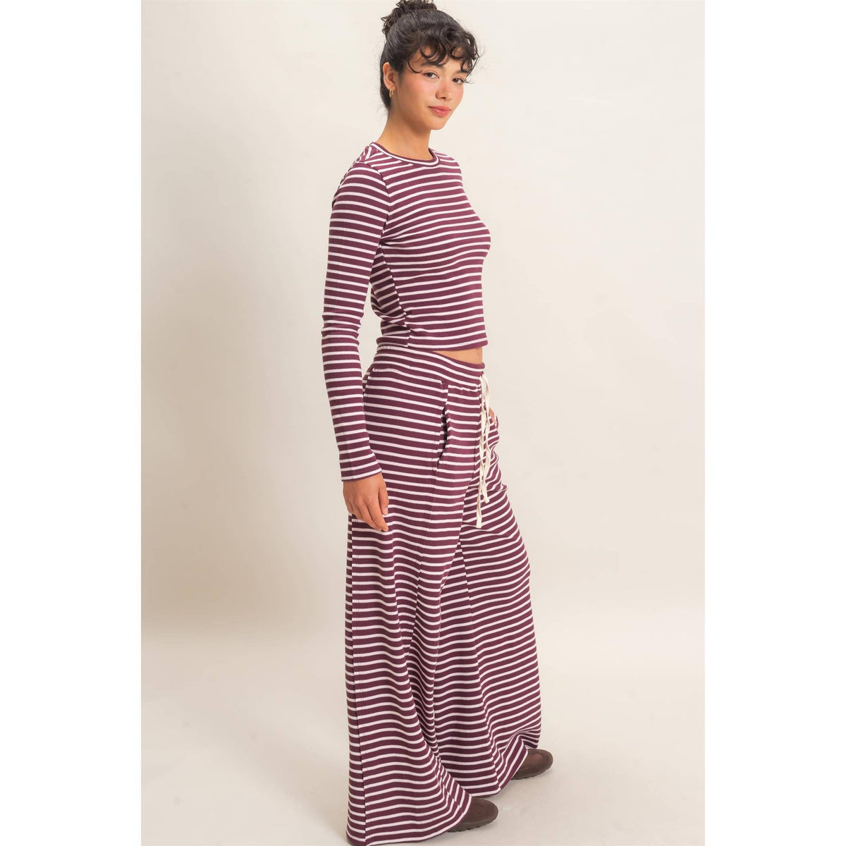 Striped Waffle Long Sleeve Set: DARK CHERRY