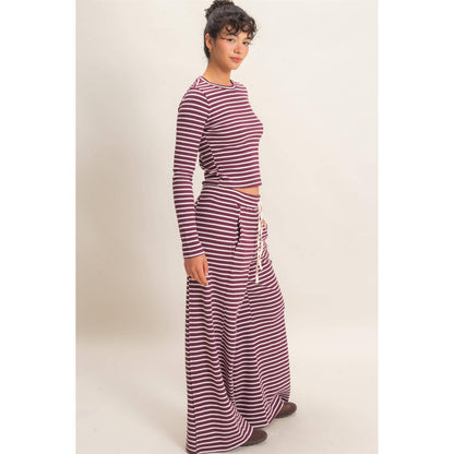 Striped Waffle Long Sleeve Set: DARK CHERRY