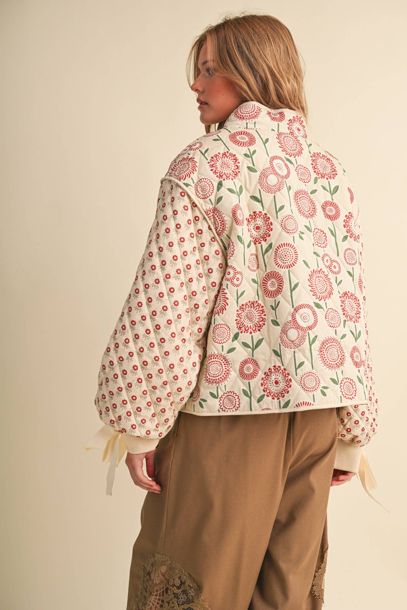 QUILTED MIXED FLORAL PRINT JACKET WITH RIBBON DETAIL