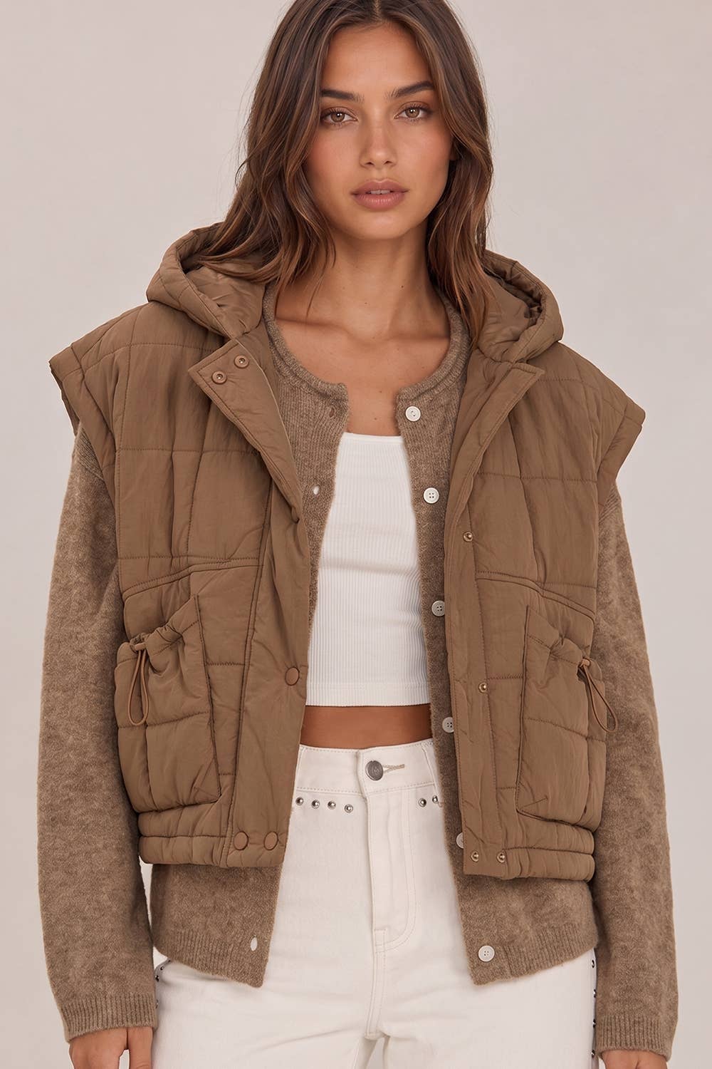 Quilted Hooded Puffer Vest: MOCHA