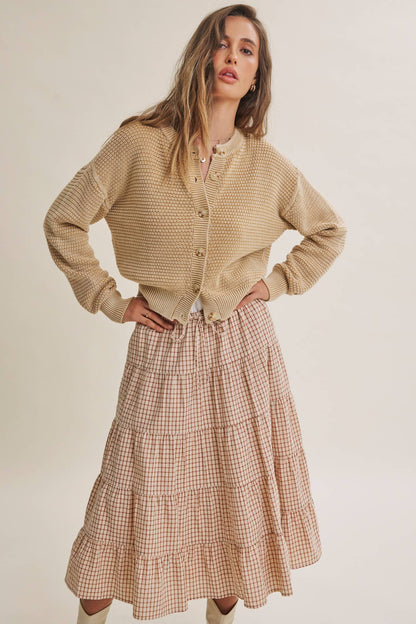 SEASONLESS MINERAL-WASHED COTTON WAFFLE BUTTON-DOWN CARDIGAN: BEIGE