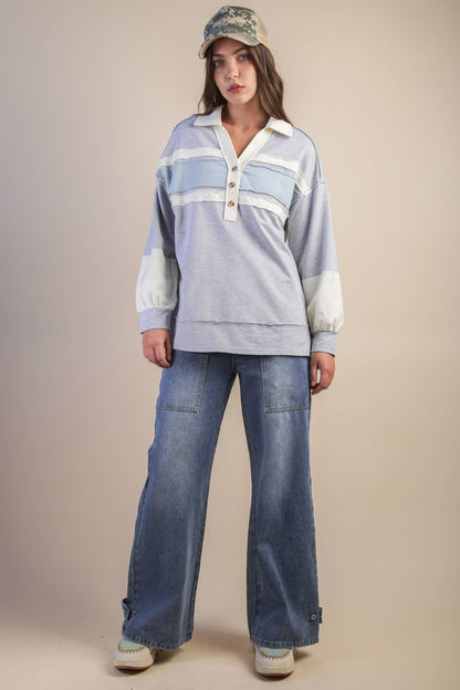 Color Block Oversized Collared Casual Knit Top