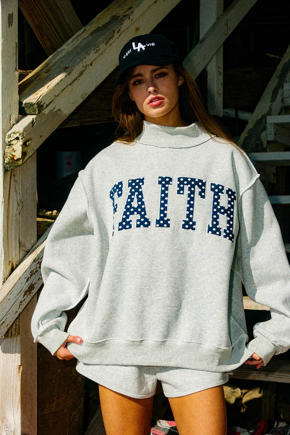 FAITH | Embroidered Polka-Dot Mock Neck Sweatshirt