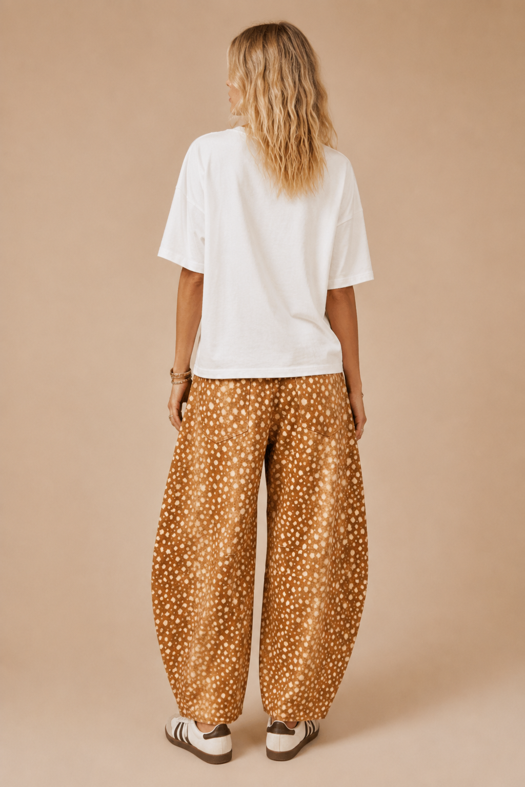 High-Waisted Fawn / Deer Print Barrel-Leg Pants