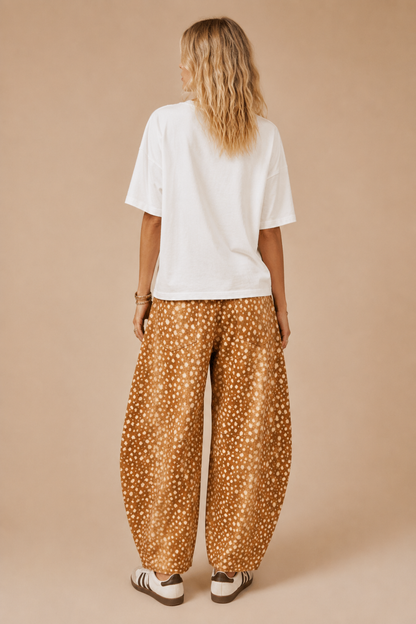 High-Waisted Fawn / Deer Print Barrel-Leg Pants