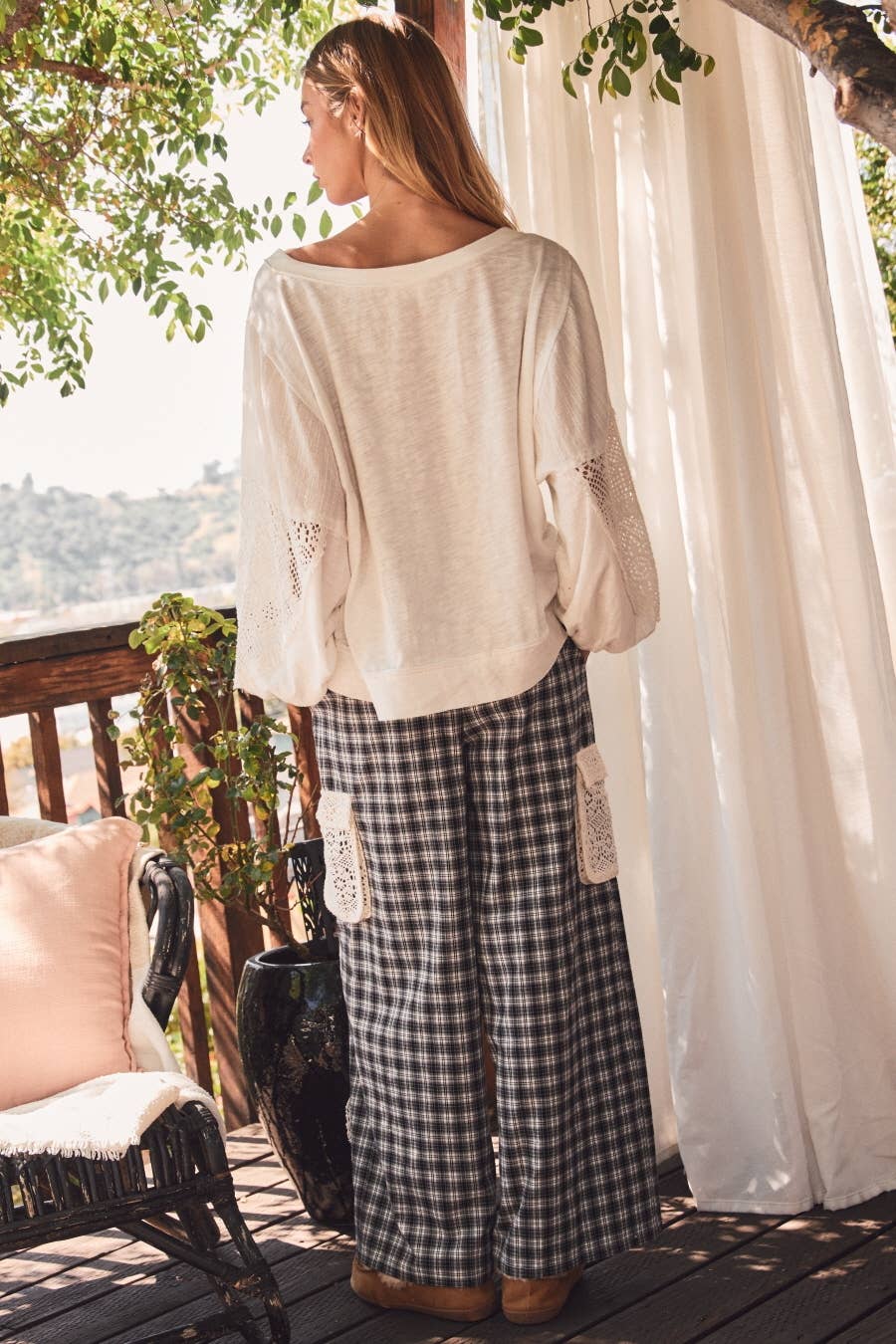 Wide Leg Gingham Pants: NAVY COMBO