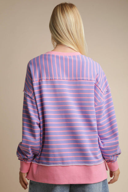 Stripe Comfy Casual Oversized Knit Top: LAVENDER/PINK