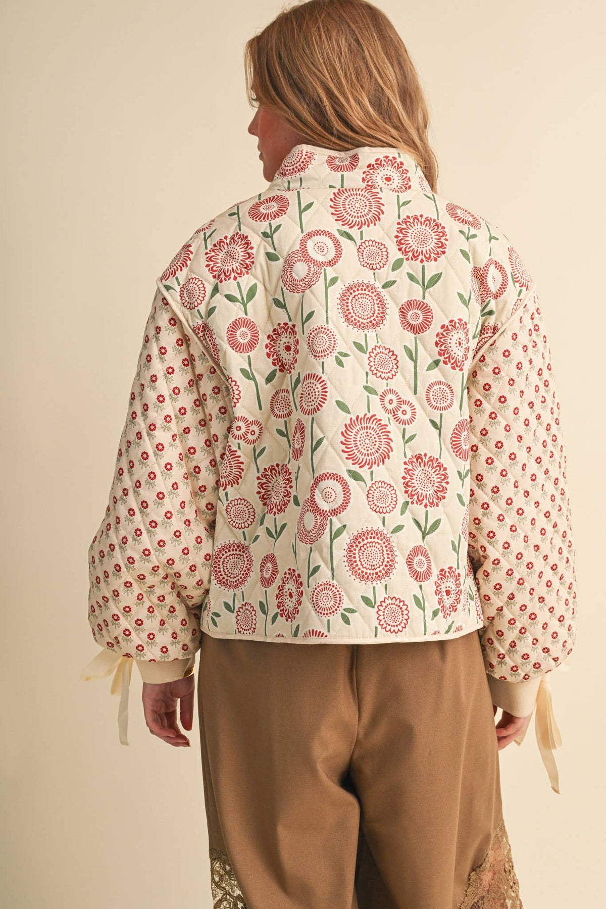 QUILTED MIXED FLORAL PRINT JACKET WITH RIBBON DETAIL