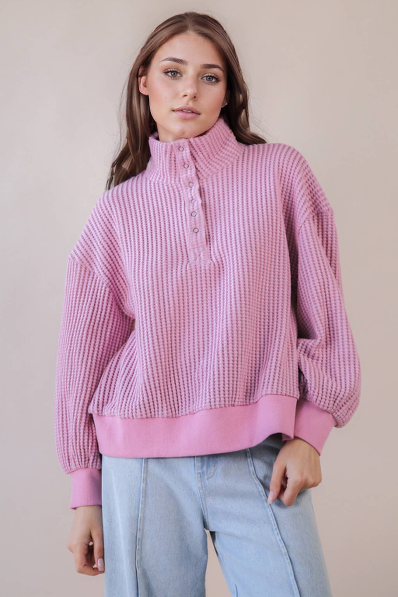 Oversized Half Button Down Casual Waffle Knit Top