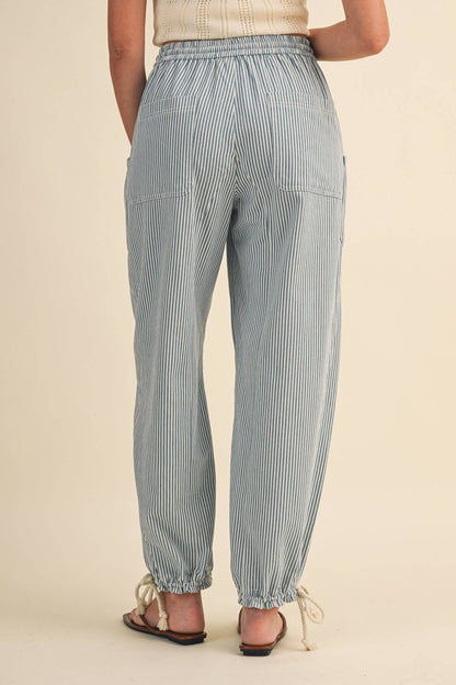 STRIPED PARACHUTE PANTS: DENIM STRIPE