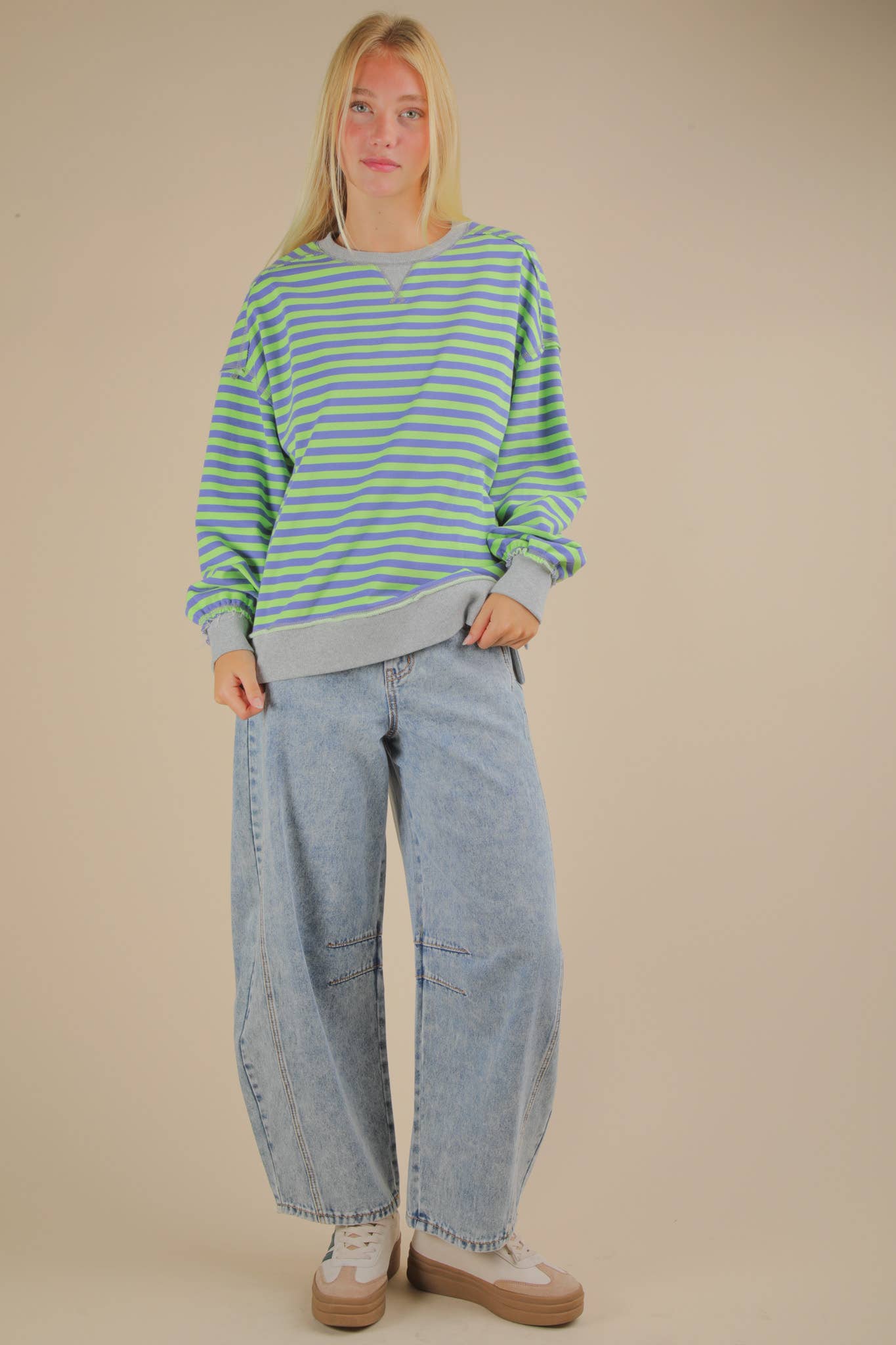 Stripe Comfy Casual Oversized Knit Top: GREEN/BLUE