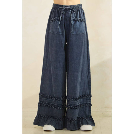 RUFFLE TRIM POCKET MINERAL WASH WIDE LEG PANTS: NEW BLUEBERRY