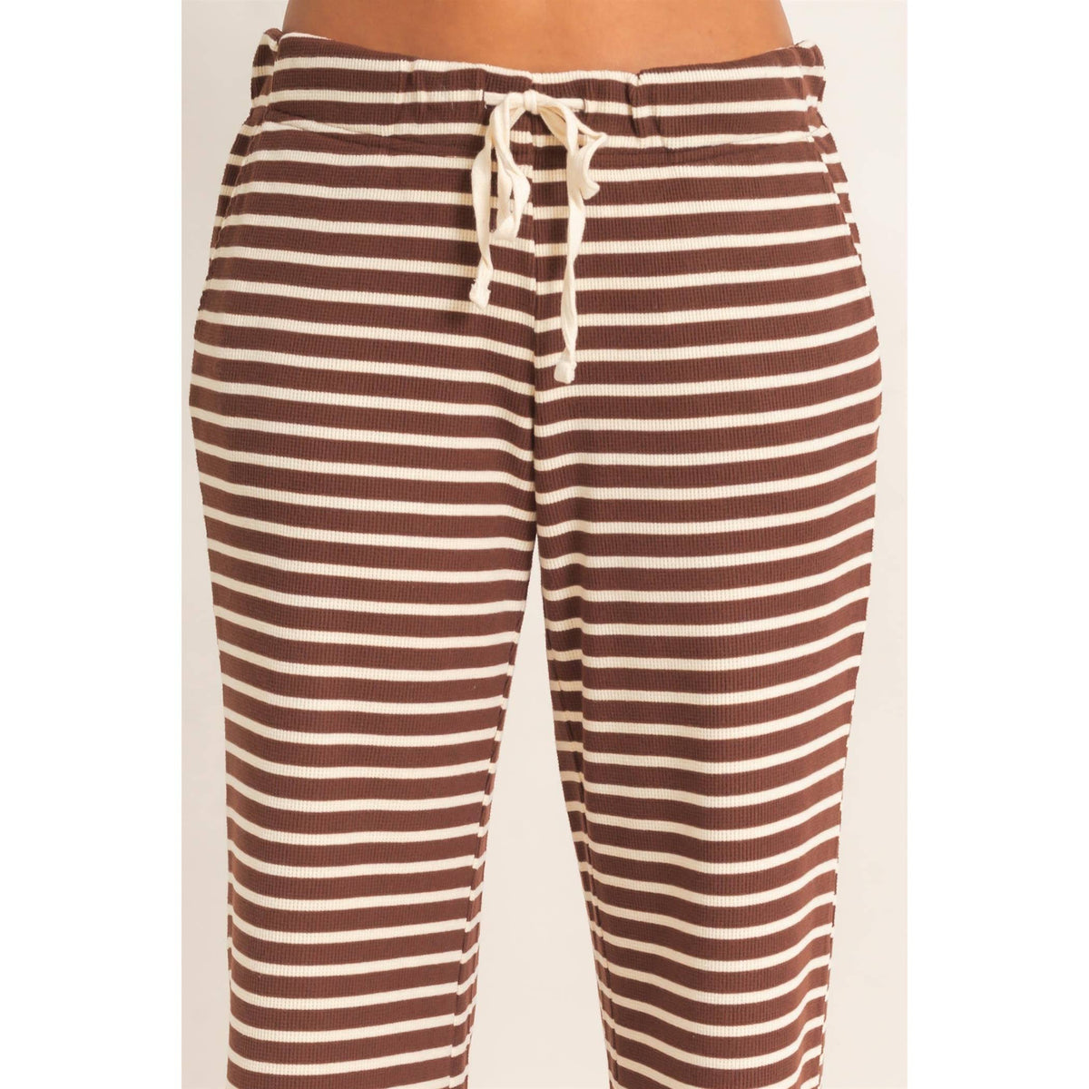 Low Rise Striped Waffle Knit Pants: DARK BROWN