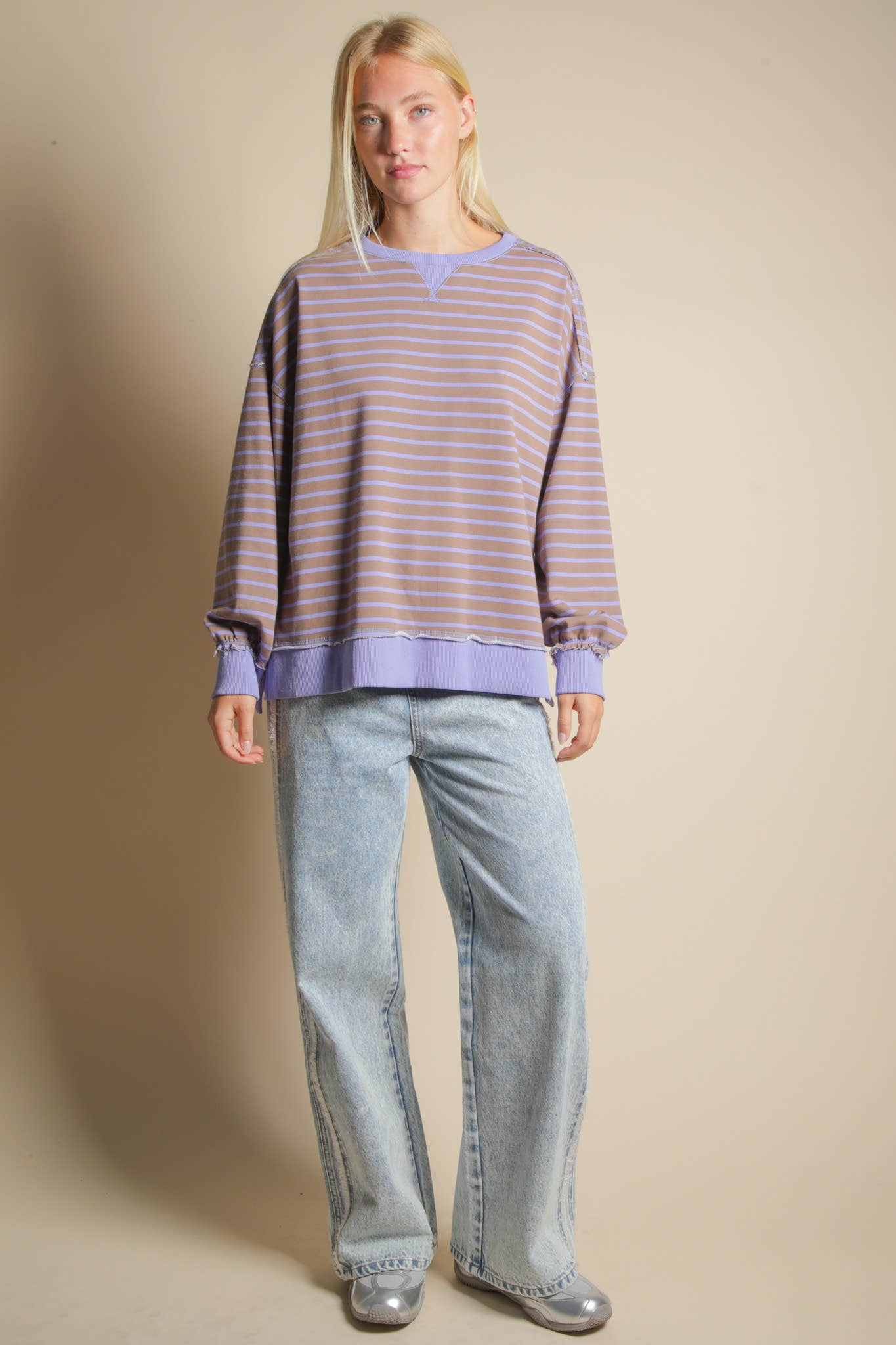 Stripe Comfy Casual Oversized Knit Top: MOCHA/LAVENDER