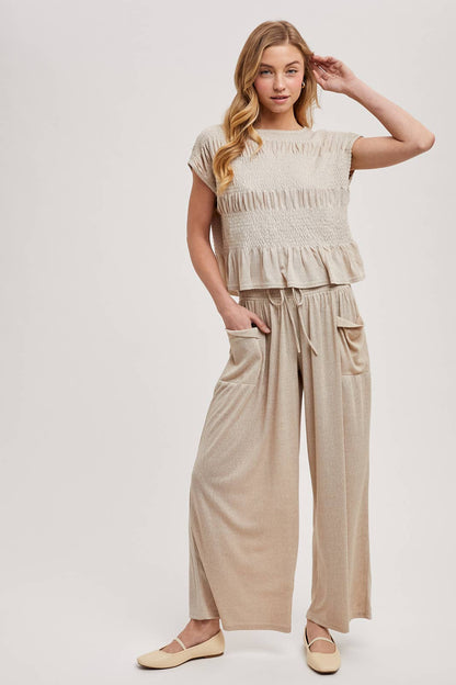 RELAXED KNIT SMOCKED TOP AND WIDE PANTS