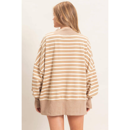 Striped Mock Neck Sweatshirt: TAUPE/CREAM