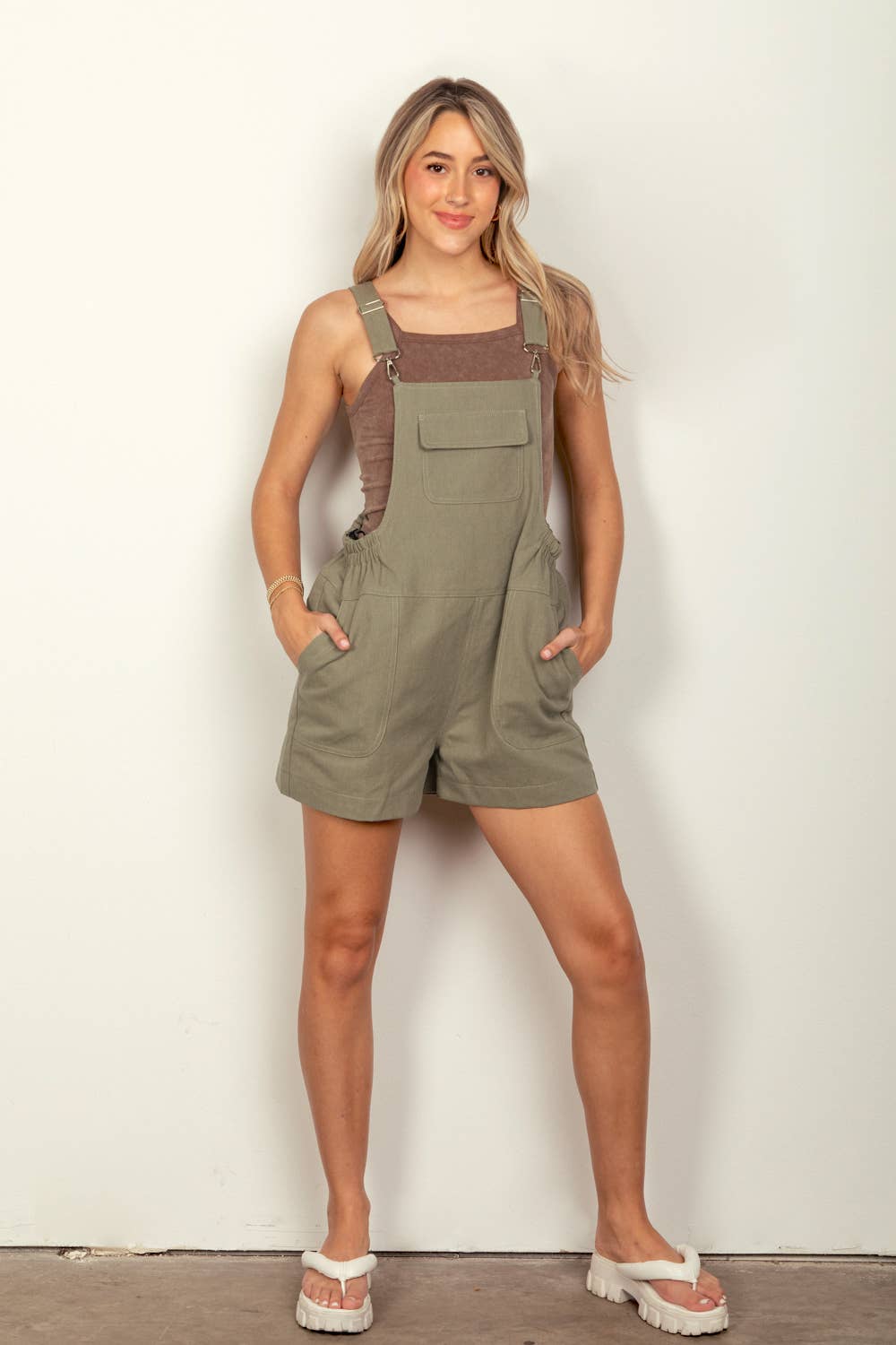Suspender Solid Woven Casual Overall Romper