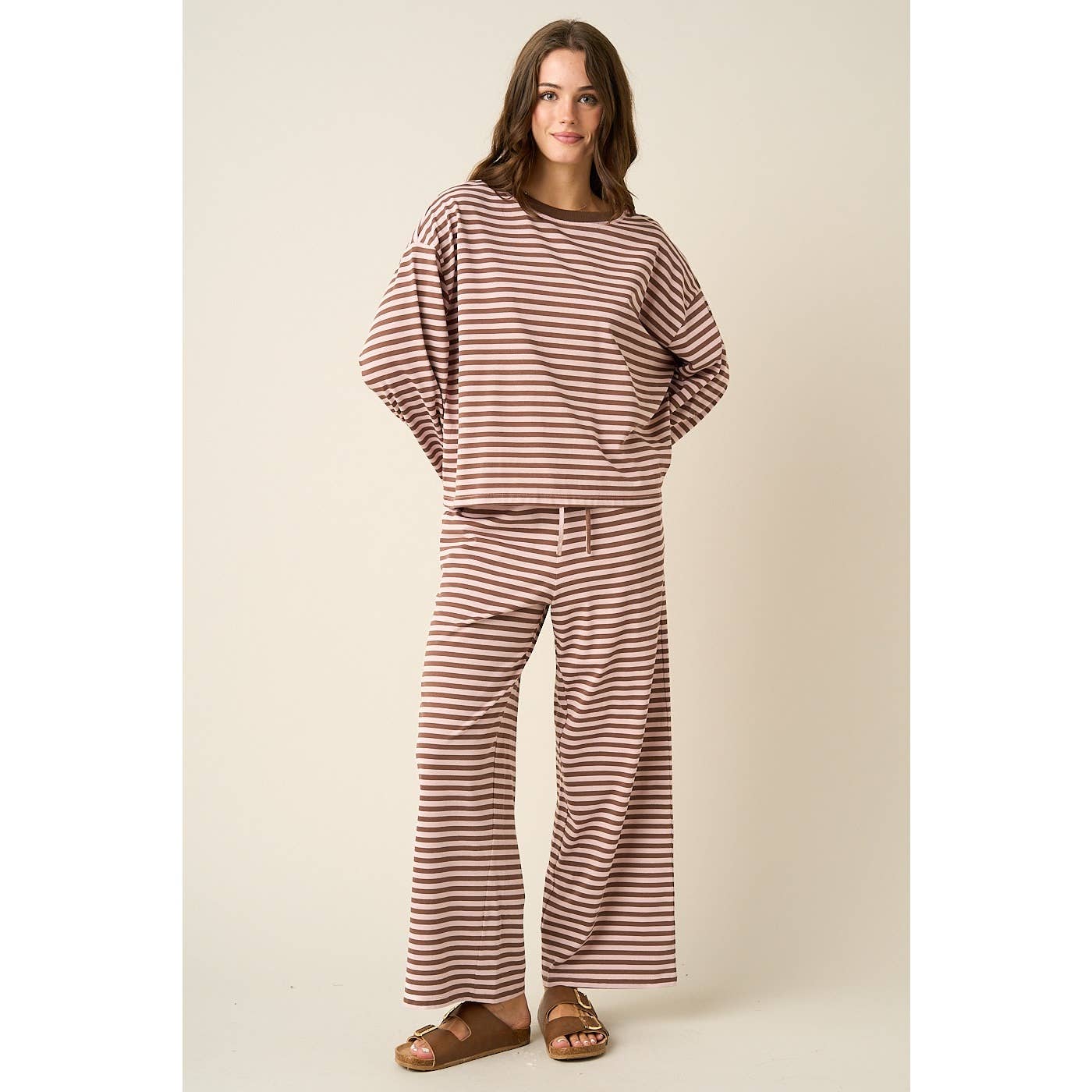 STRIPED PRINT LOUNGE TOP AND PANTS SET: VINTAGE PINK