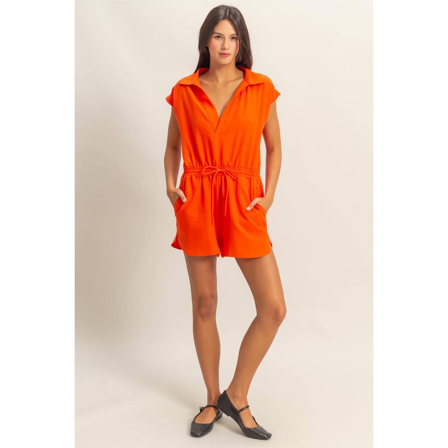 Collared Romper with Buttonless Placket