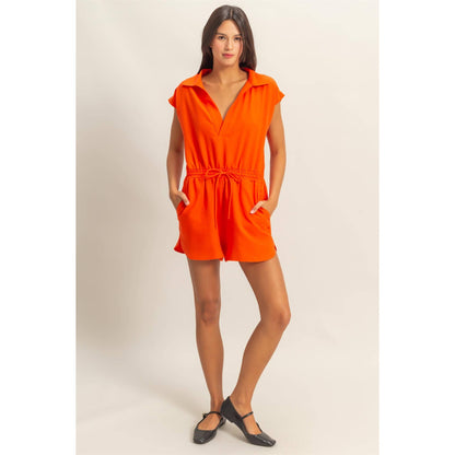 Collared Romper with Buttonless Placket