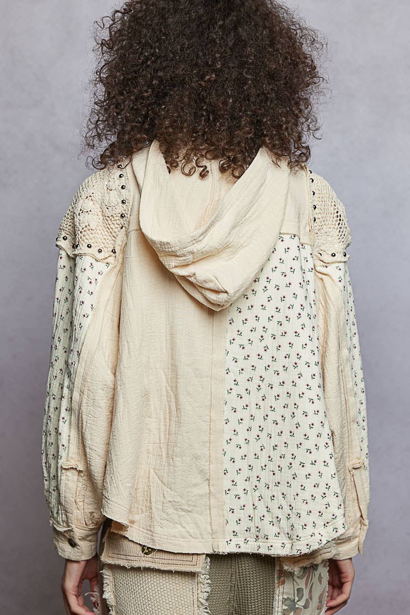 Pol Clothing - Long sleeve mock neck double gauze contrast stud hoodie top